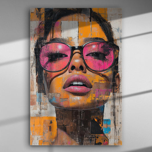 Portrait of a person wearing large pink sunglasses on a vibrant canvas with bold colors.