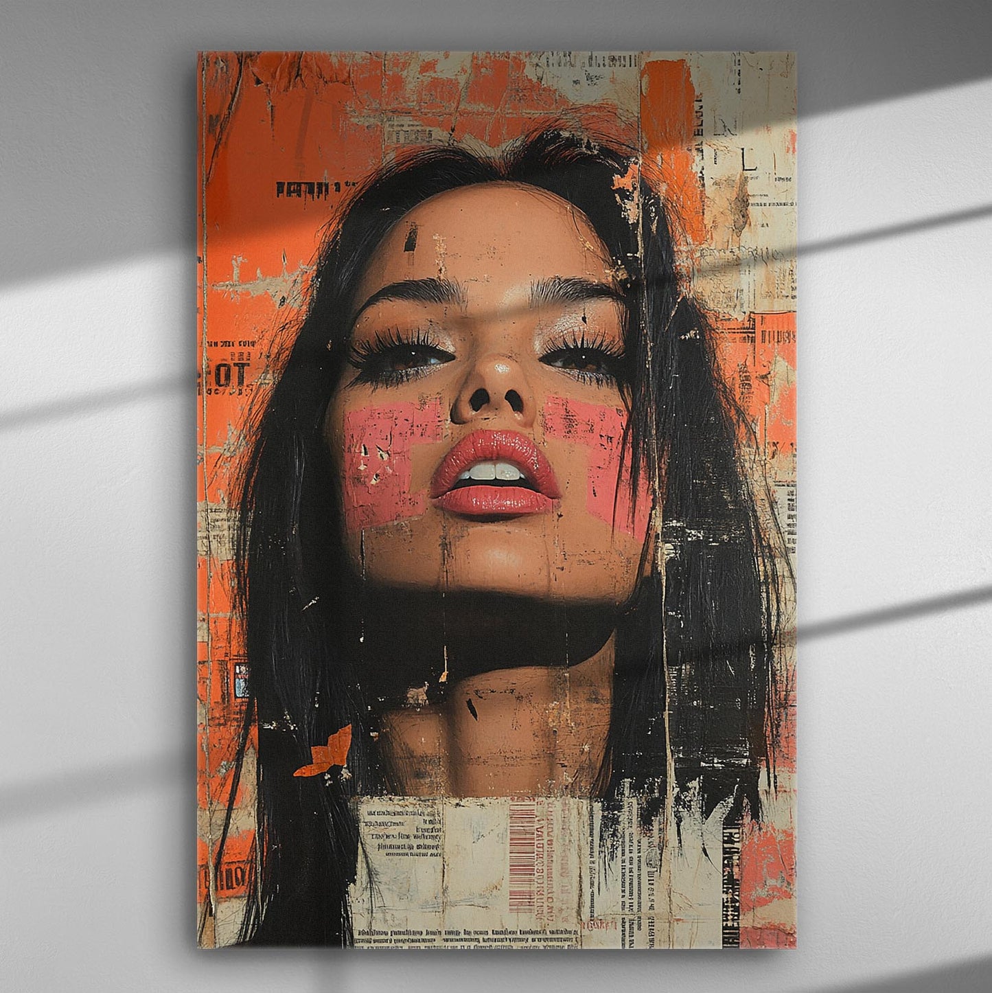 Modern expressive portrait with orange and pink colors on a canvas print.
