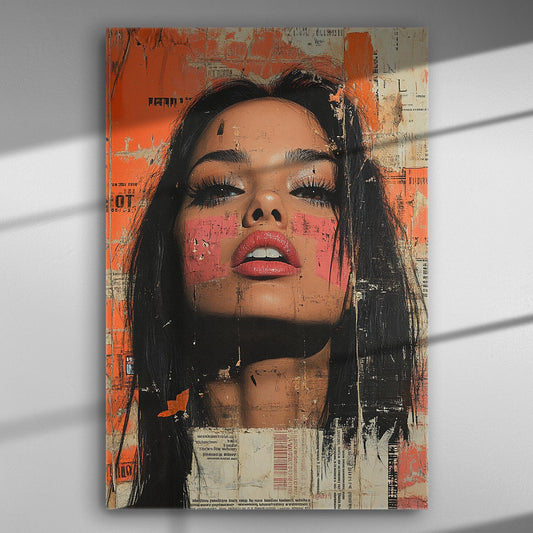 Modern expressive portrait with orange and pink colors on a canvas print.