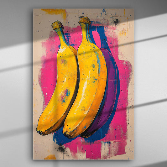 Colorful pop art painting of two bananas with vibrant pink and blue background.