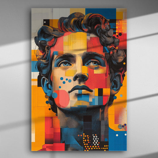 Modern portrait with geometric shapes and vibrant colors on canvas.