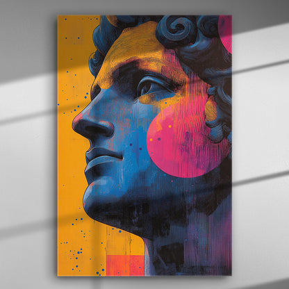 Pop art style profile of a statue with vibrant colors on canvas.