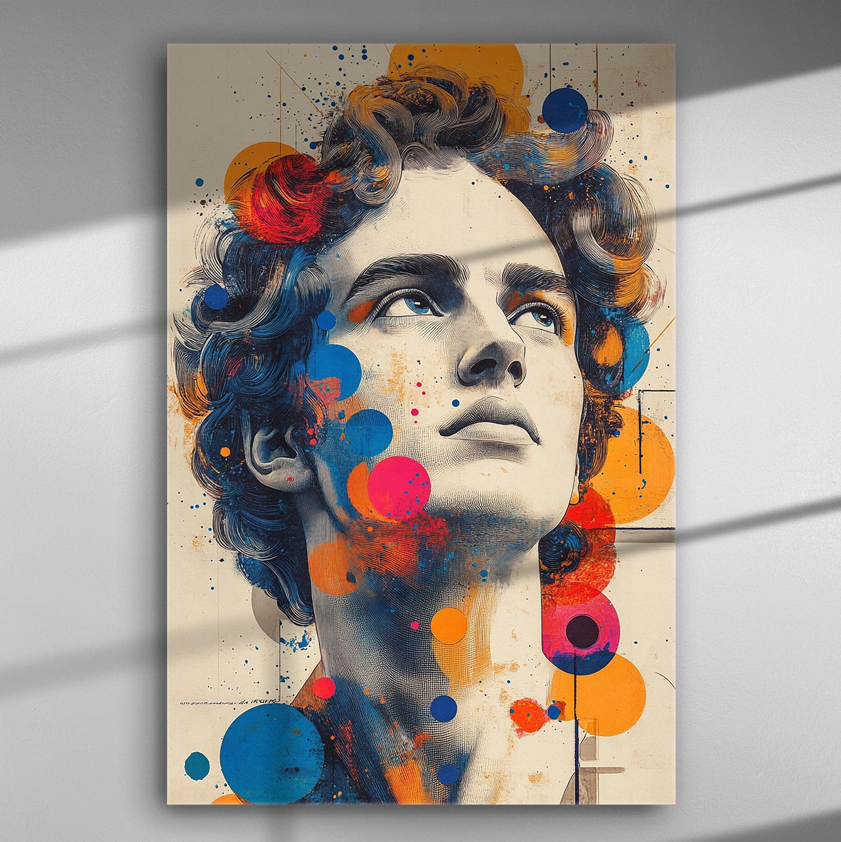 Abstract portrait of a young man with colorful circles in modern style.