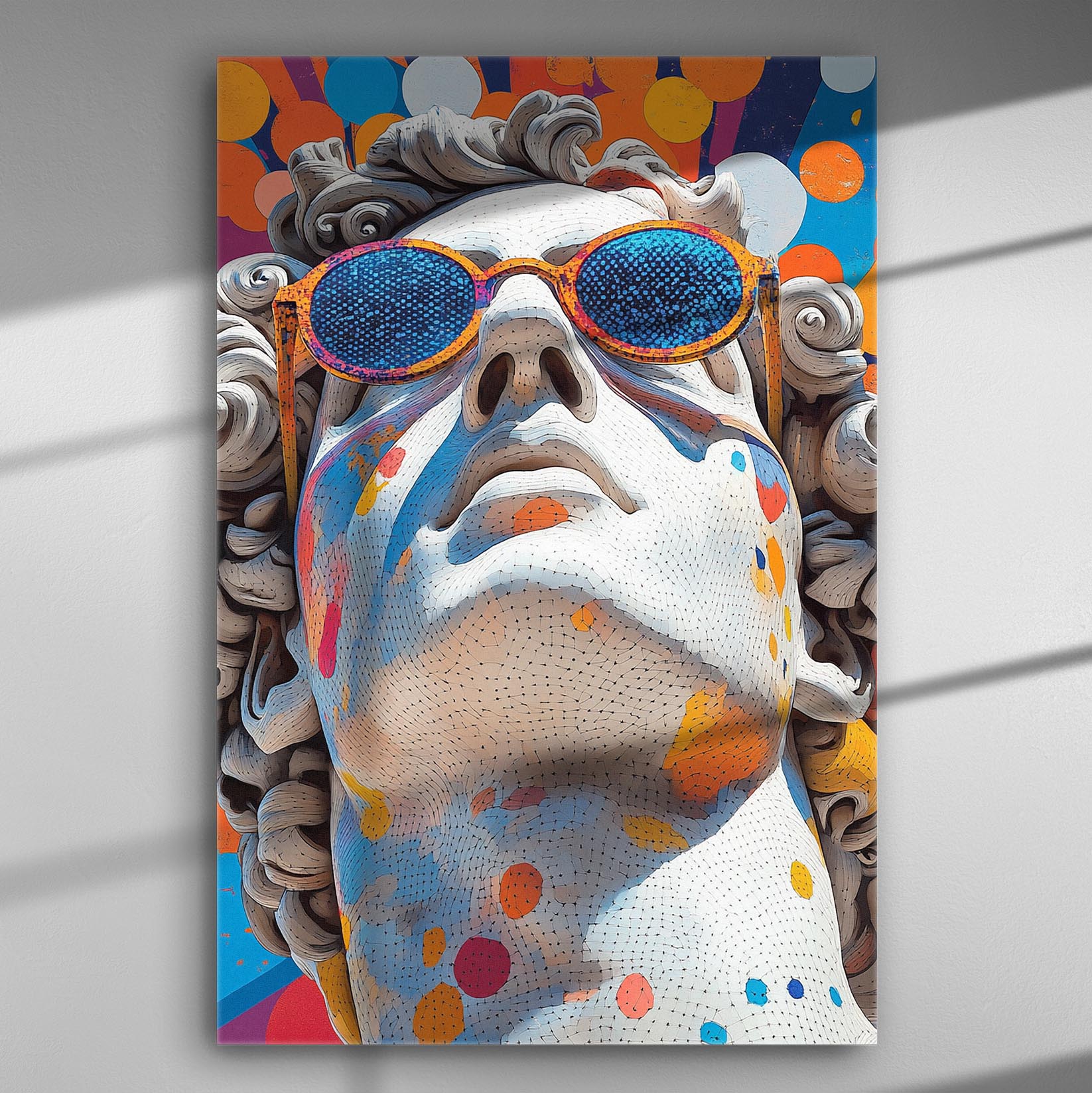 Modern David statue with sunglasses on a vibrant, colorful canvas print.