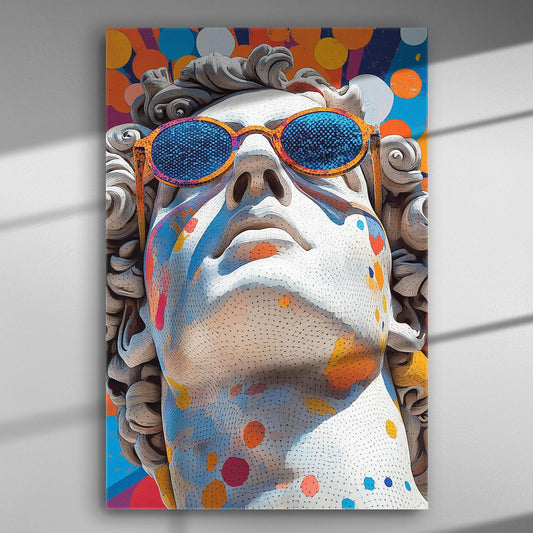 Modern David statue with sunglasses on a vibrant, colorful canvas print.
