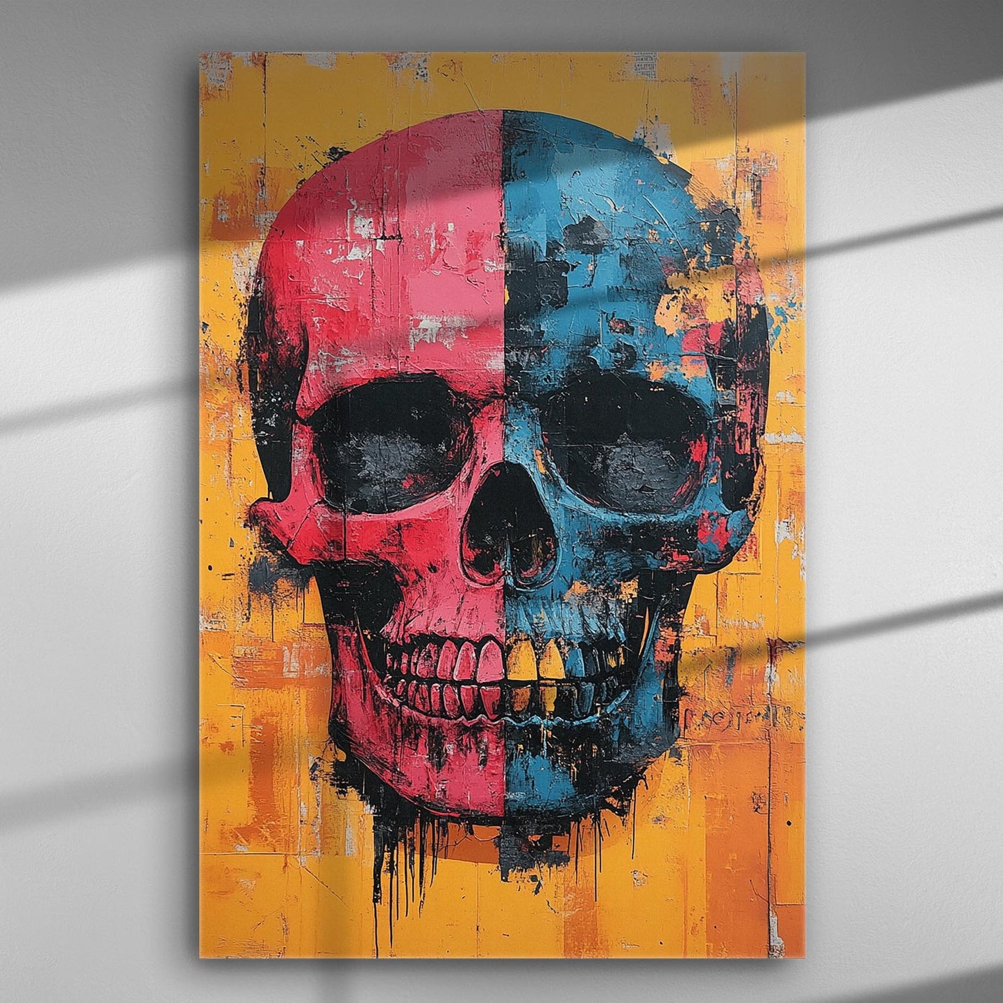 Vibrant multicolored skull artwork on a canvas combining red, blue, and yellow contrasts for modern decor.