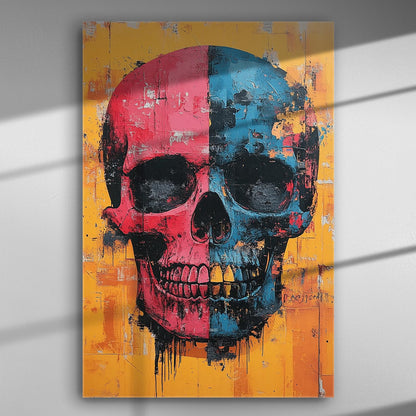 Vibrant multicolored skull artwork on a canvas combining red, blue, and yellow contrasts for modern decor.