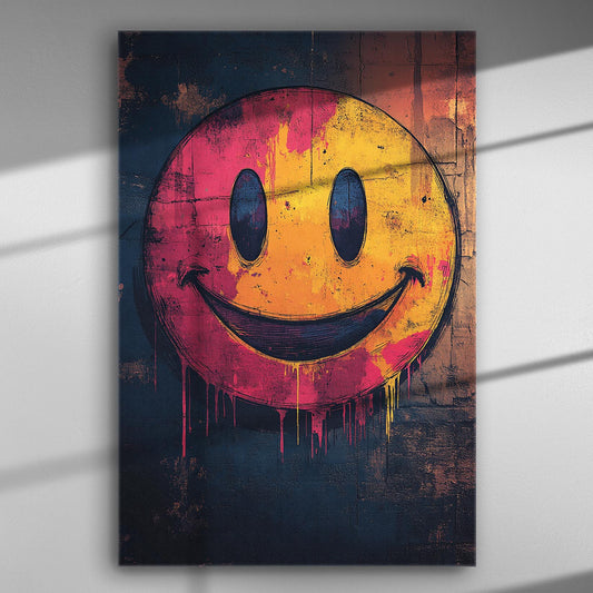 Graffiti-style smiley face with bright colors on canvas