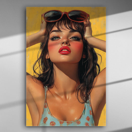 Portrait of a young woman with sunglasses on her head, vibrant background, art on canvas