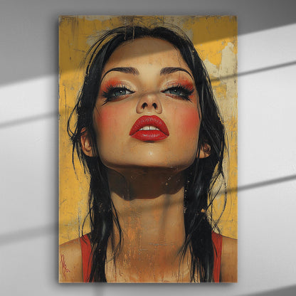 Portrait of a woman with red lips and intense makeup on canvas.