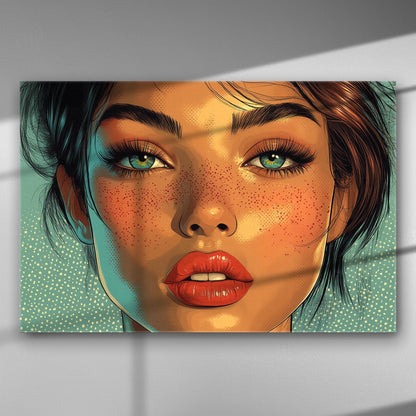 A striking portrait of a woman with blue eyes and lush lips on a canvas.