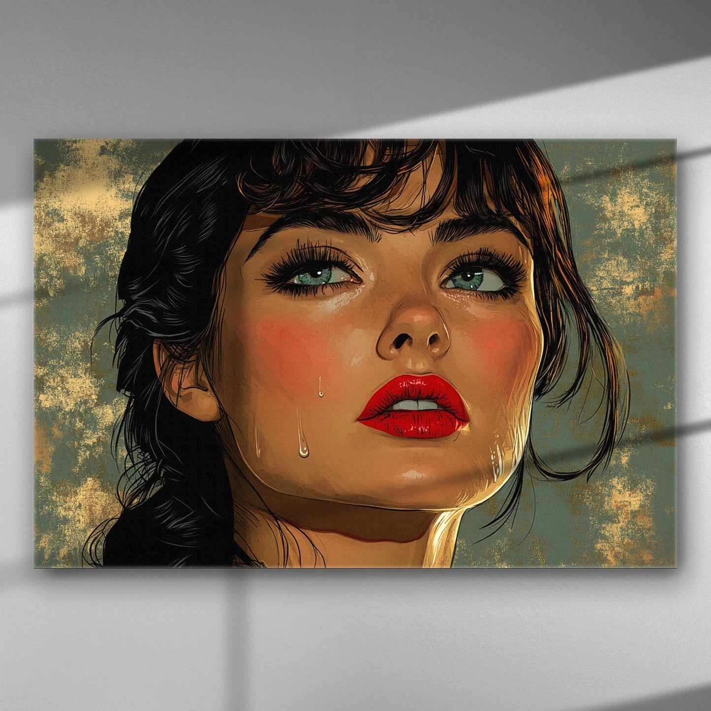 Portrait of a woman with red lips and expressive eyes on canvas print