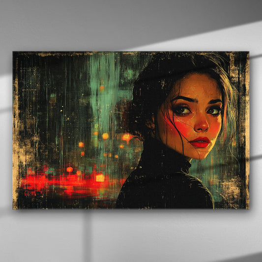Canvas print of an enigmatic woman with a captivating gaze against city lights.
