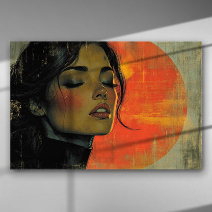 Artistic depiction of a woman with closed eyes and an orange backdrop, canvas print.