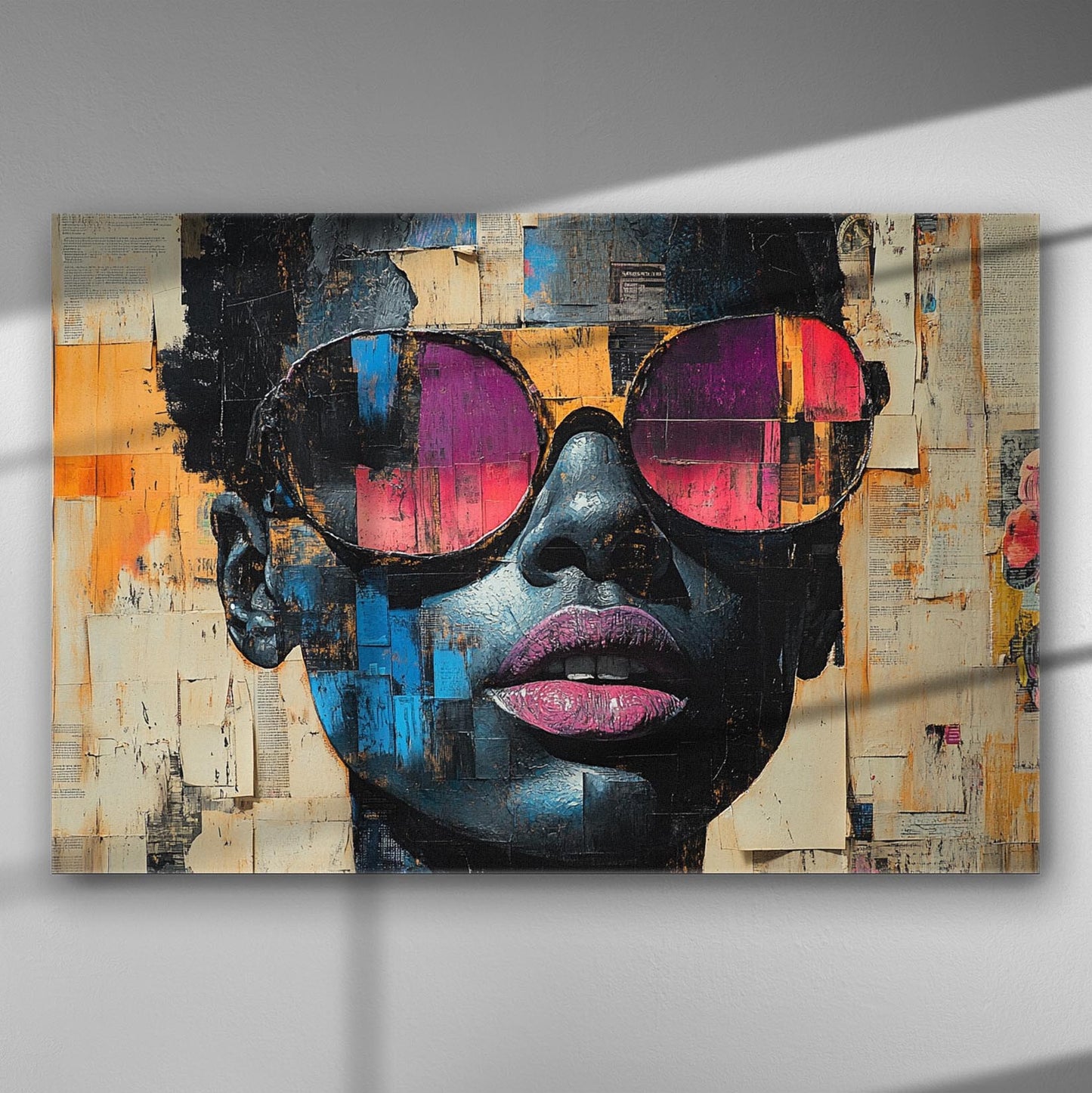 Abstract portrait of a woman wearing sunglasses with city reflection, vibrant colors on canvas.