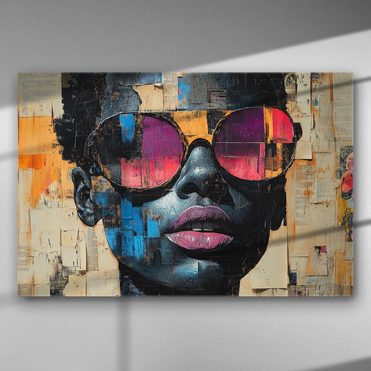Abstract portrait of a woman wearing sunglasses with city reflection, vibrant colors on canvas.