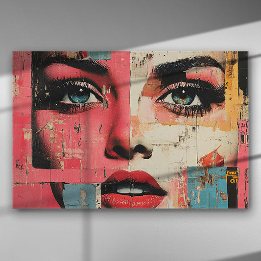 A vibrant pop-art style portrait with intense eyes and red lips, featuring multiple layers and textures.