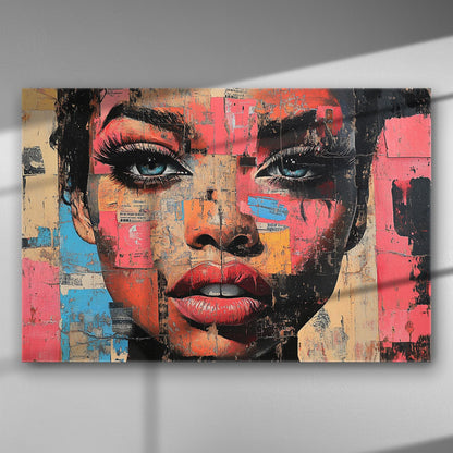 Colorful portrait with dynamic shapes on a canvas print.