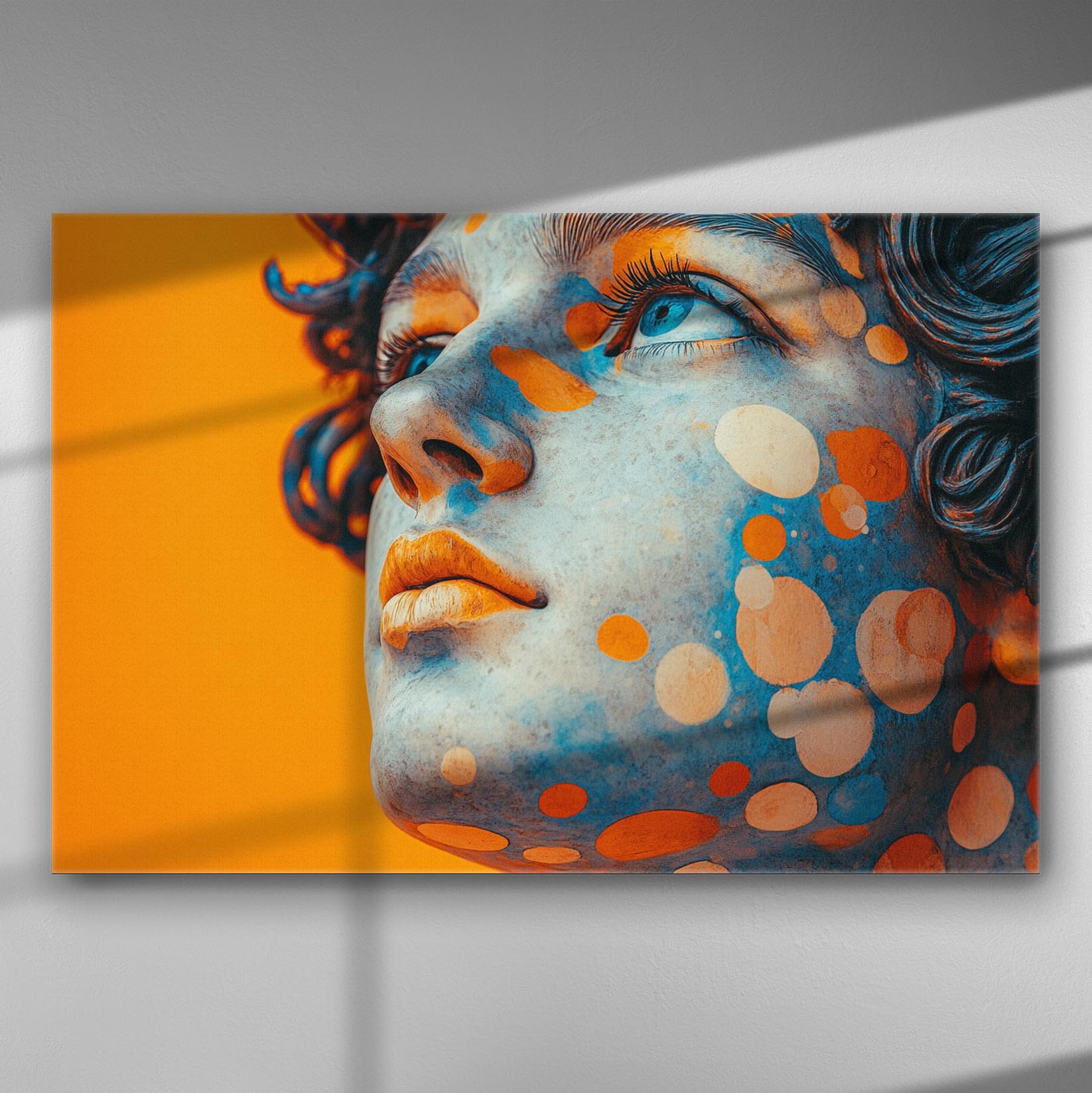 Abstract portrait with vibrant orange and blue accents on canvas, showcasing a modern artistic expression.
