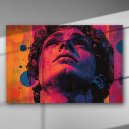 Vibrant portrait of a face looking upwards with orange and purple hues.