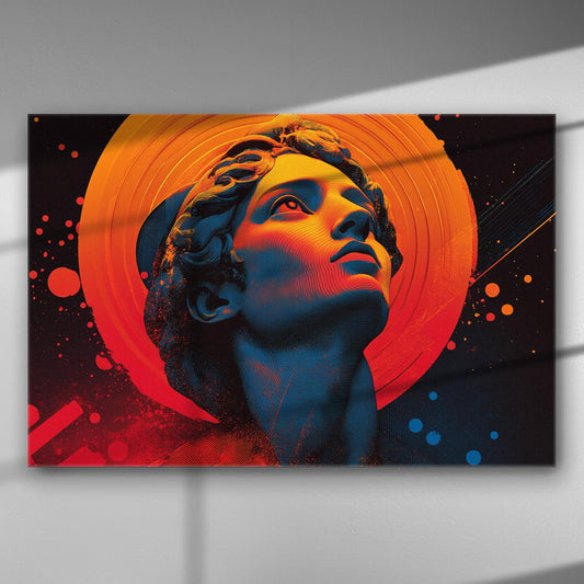 A canvas print depicting a classical statue head in vibrant orange and blue colors.