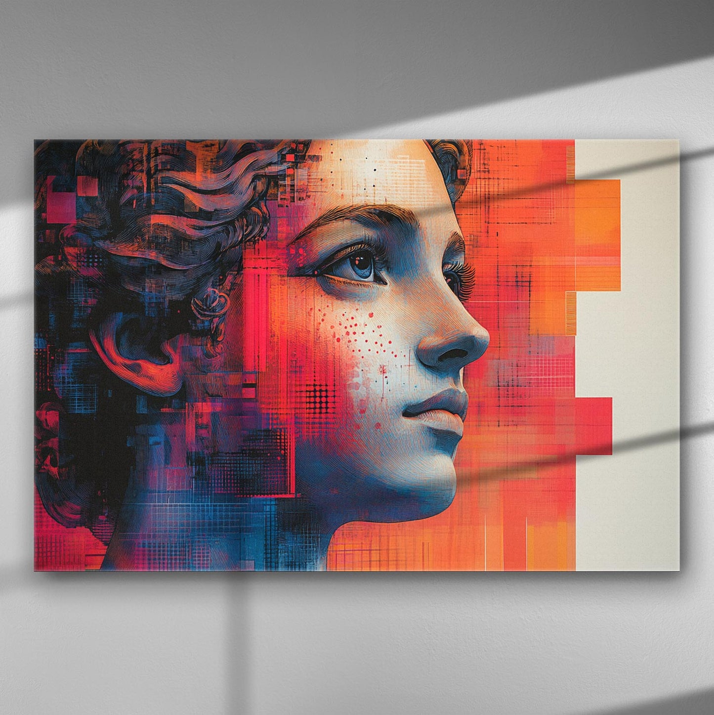 Canvas print featuring a colorful and expressive profile of a woman with contrasting red and blue hues.