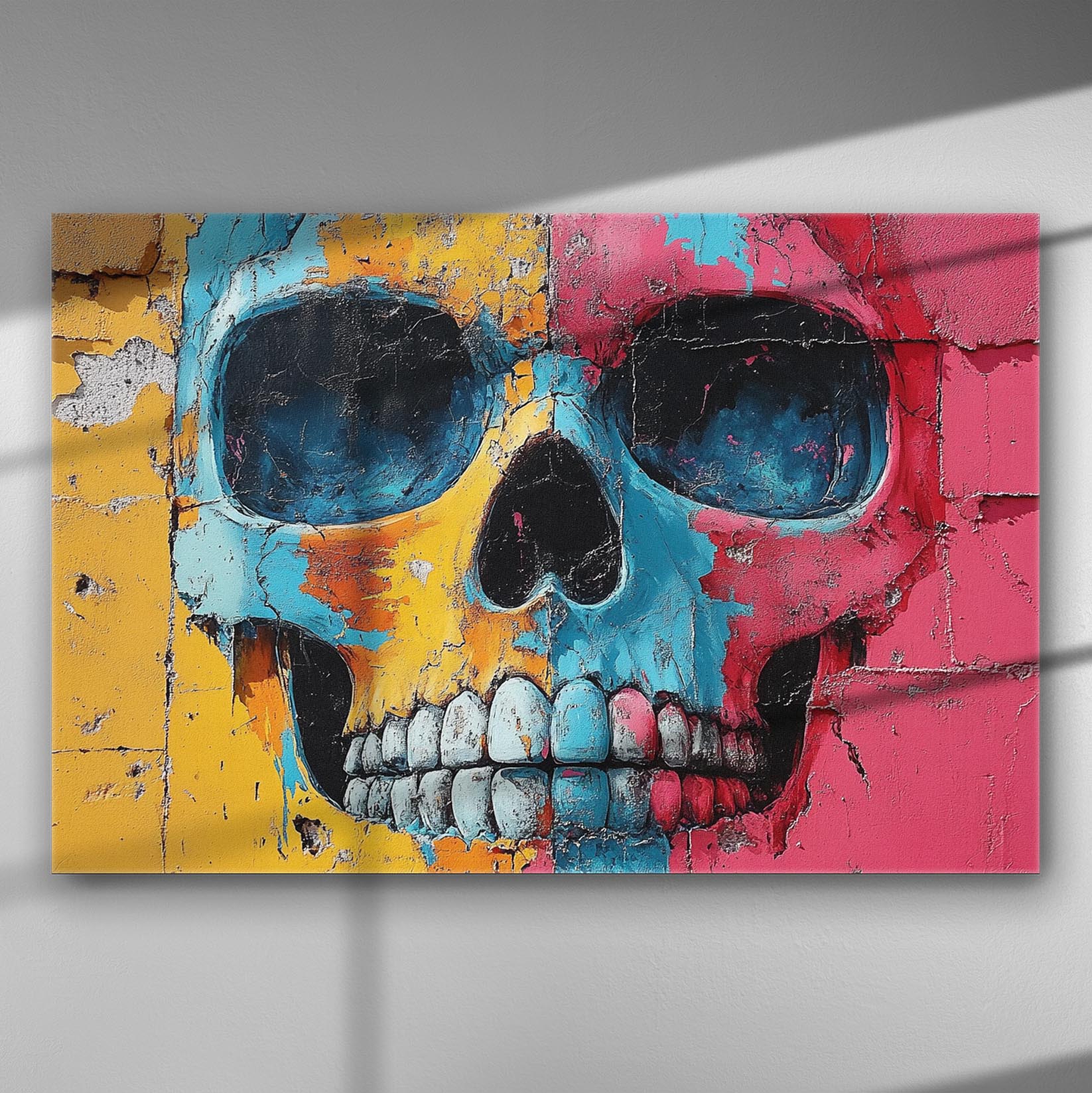Colorful skull wall art on canvas with yellow, blue, and red tones.