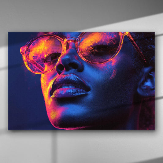 Close-up of a person's face with neon orange glasses and blue lighting.