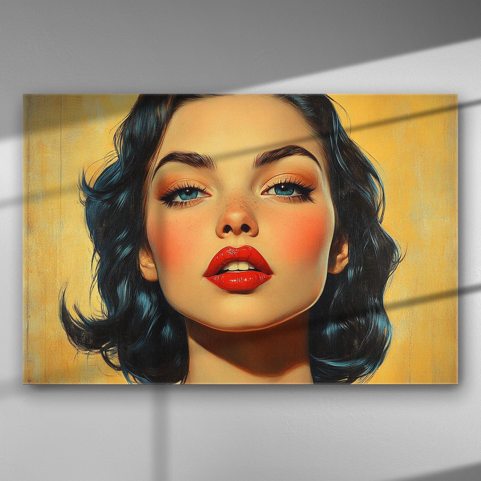 Vibrant and sensual portrait of a woman with blue eyes and red lips on a canvas print.