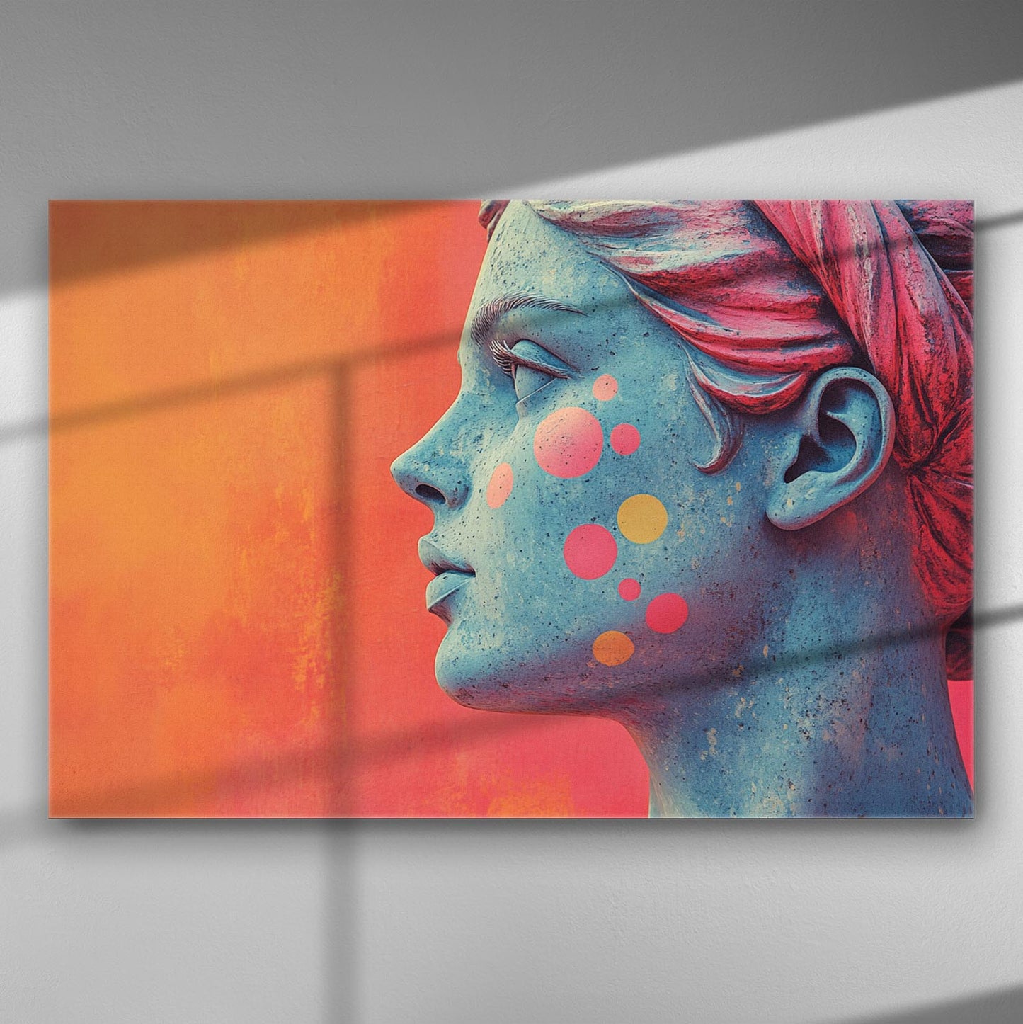 Abstract portrait with colorful tones, featuring blue and pink hues against an orange background, in modern art style.