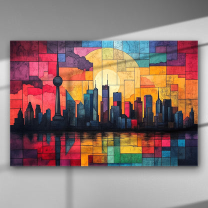 Colorful sunset city skyline with geometric patterns canvas print.