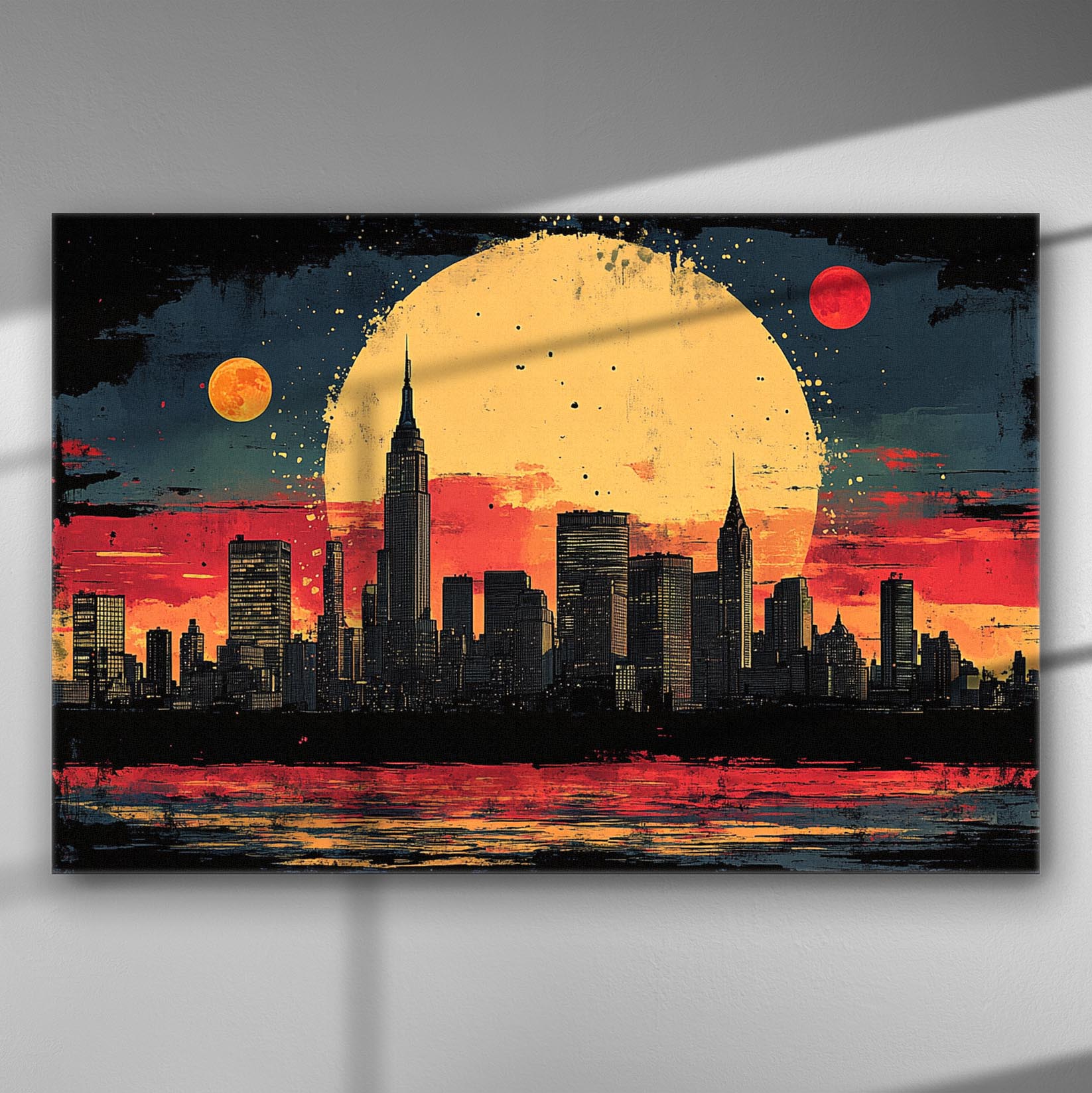 City skyline silhouette against a red and blue sky with large sun on canvas print.