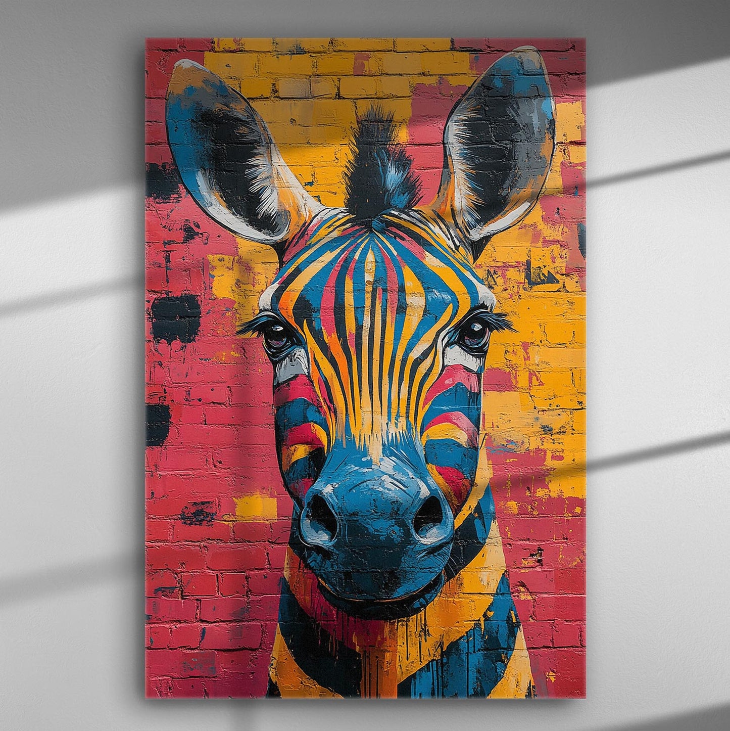 Colorful zebra painting on canvas with vibrant background
