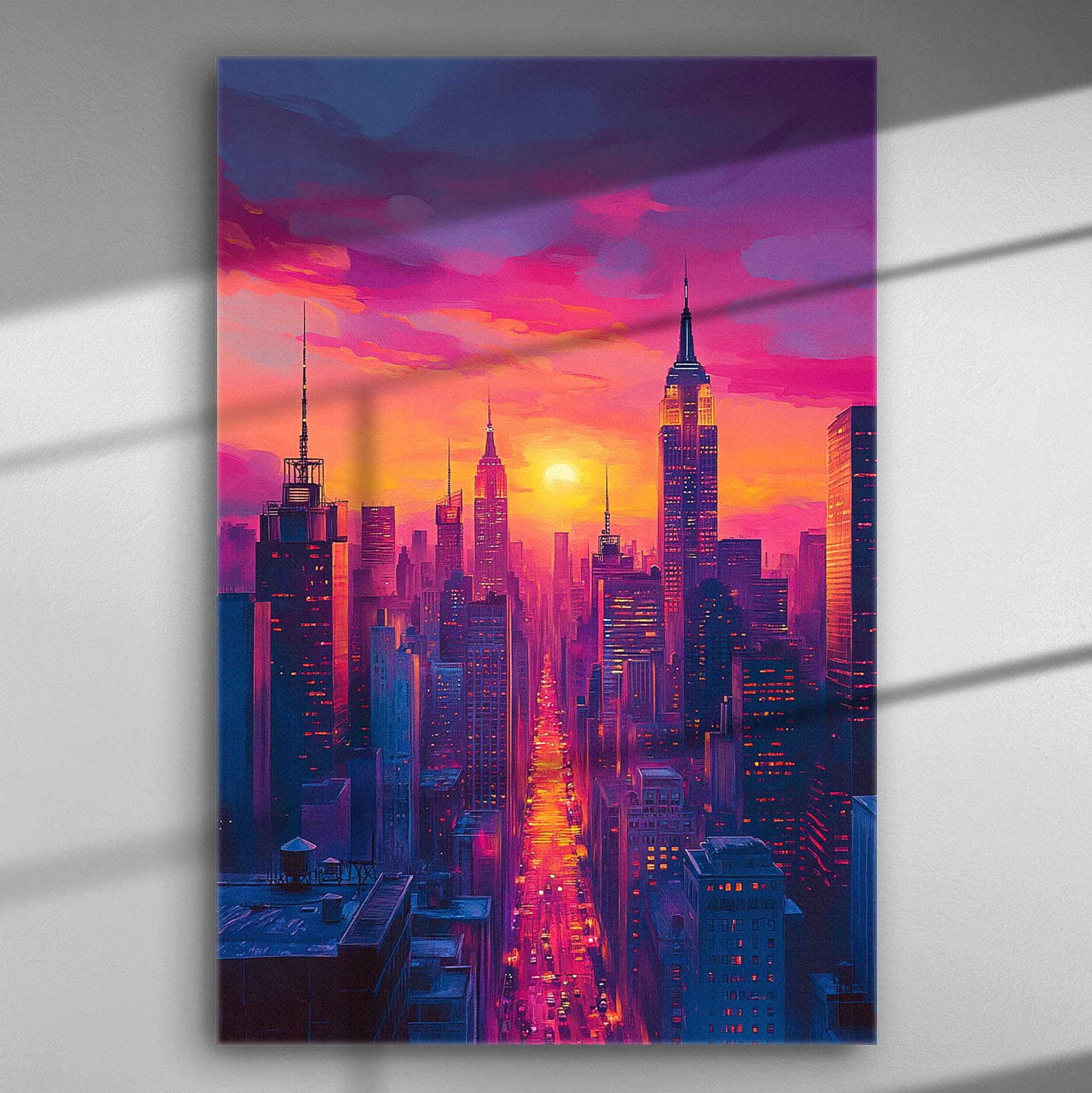 New York skyline at sunset with vibrant pink and orange hues in a canvas print.