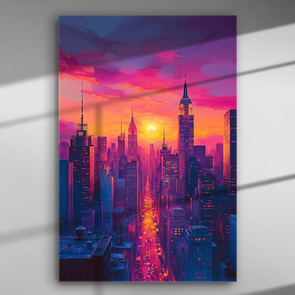 New York skyline at sunset with vibrant pink and orange hues in a canvas print.