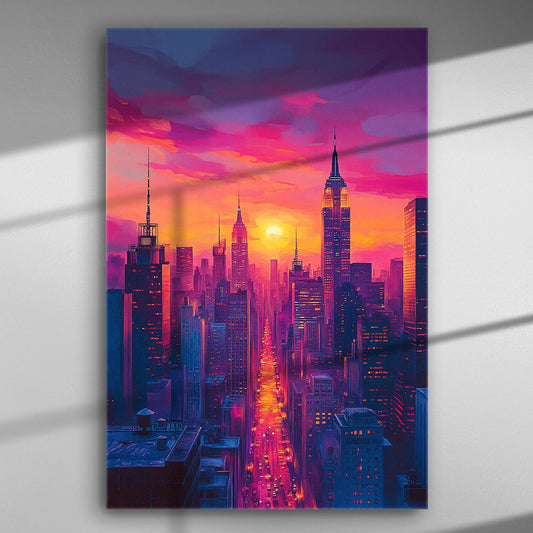 New York skyline at sunset with vibrant pink and orange hues in a canvas print.