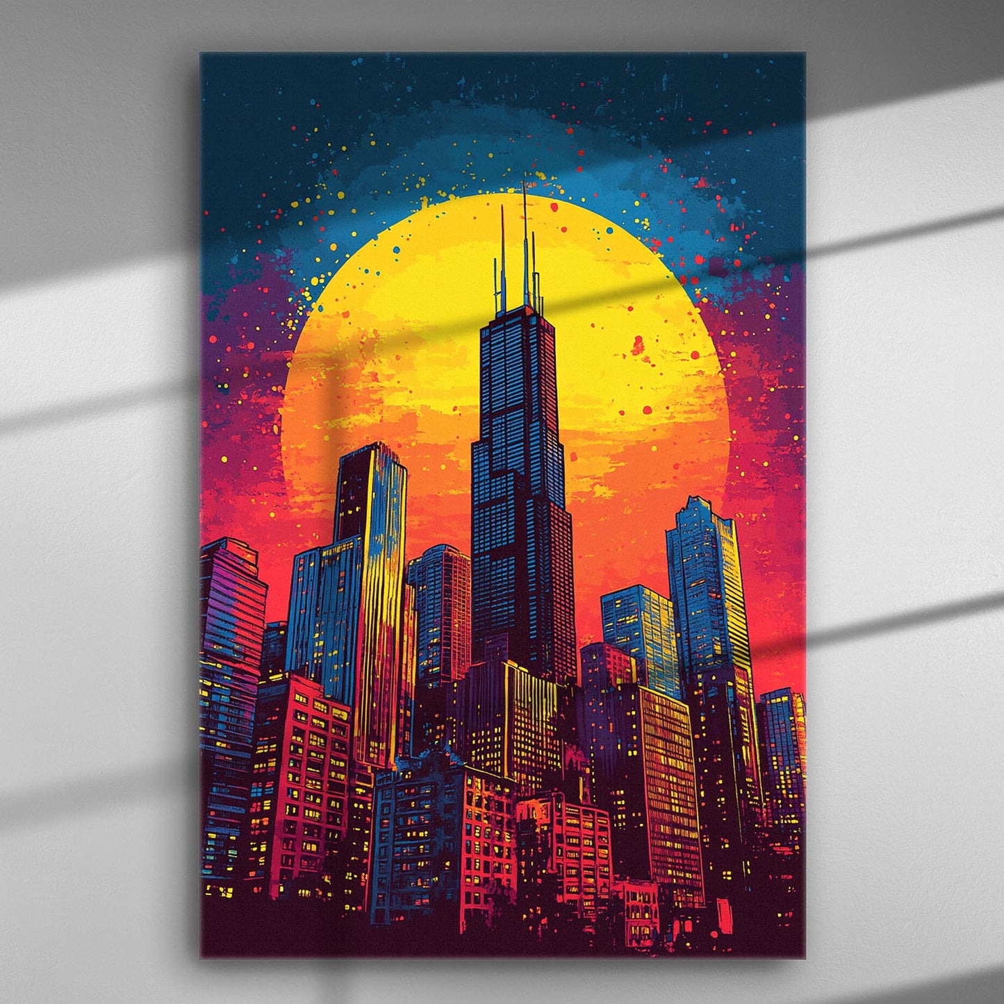 Canvas print featuring a New York skyline silhouette against a vibrant sunset.