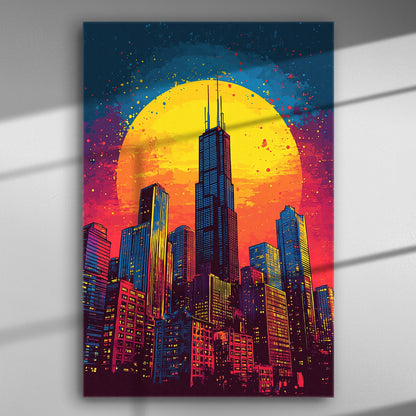 Canvas print featuring a New York skyline silhouette against a vibrant sunset.