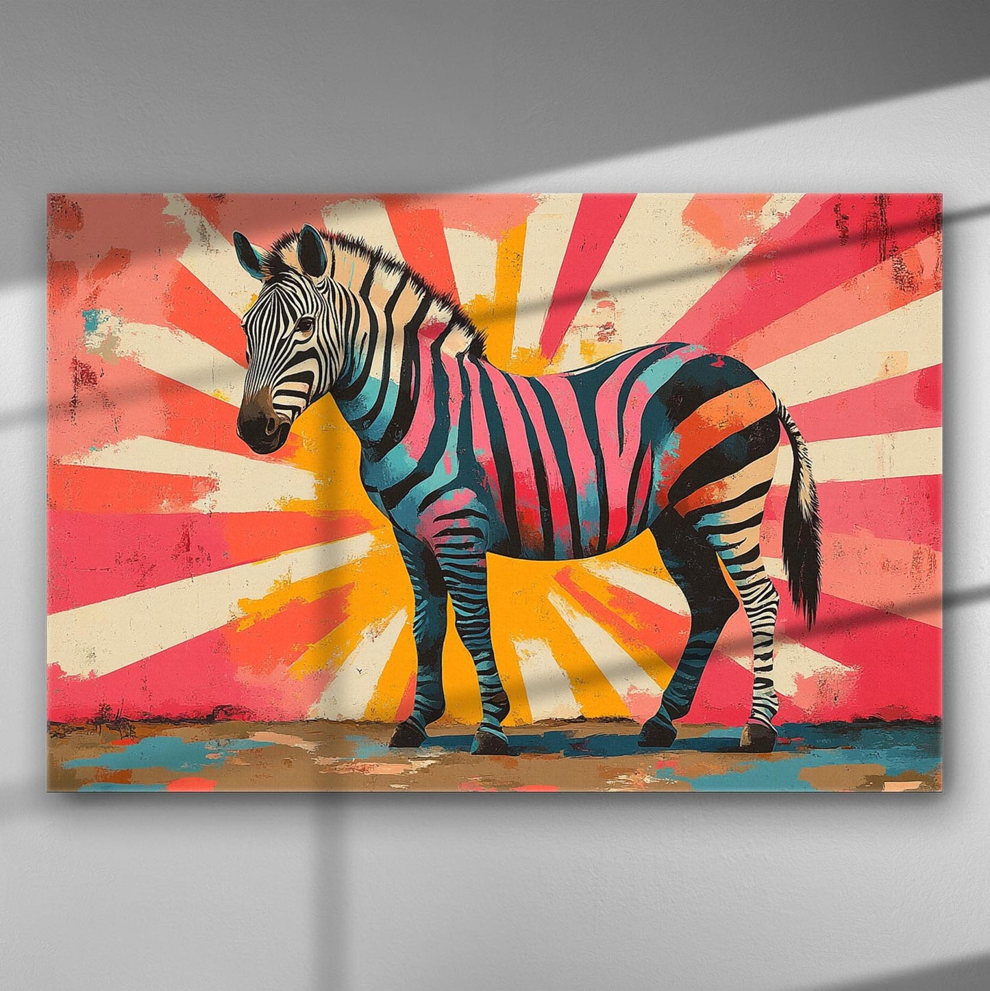 Colorful zebra on a canvas with a vibrant pink, blue, and orange striped background.