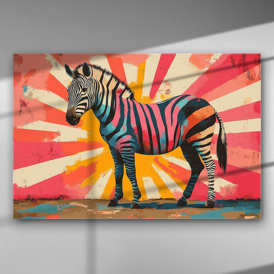Colorful zebra on a canvas with a vibrant pink, blue, and orange striped background.