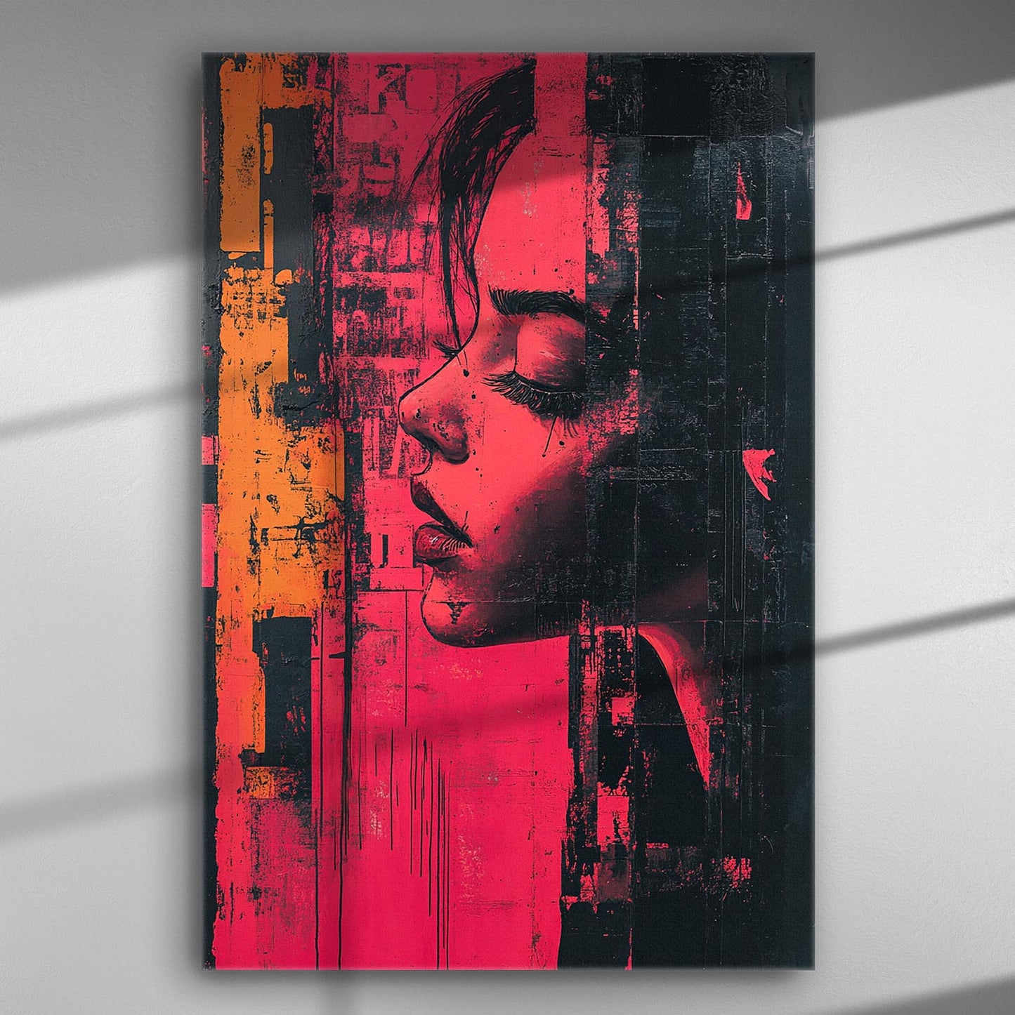 Abstract portrait of a woman's silhouette in red and black tones on canvas.