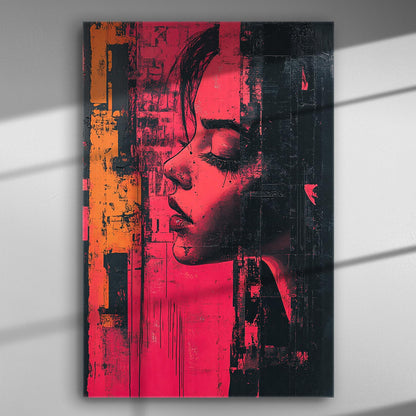 Abstract portrait of a woman's silhouette in red and black tones on canvas.