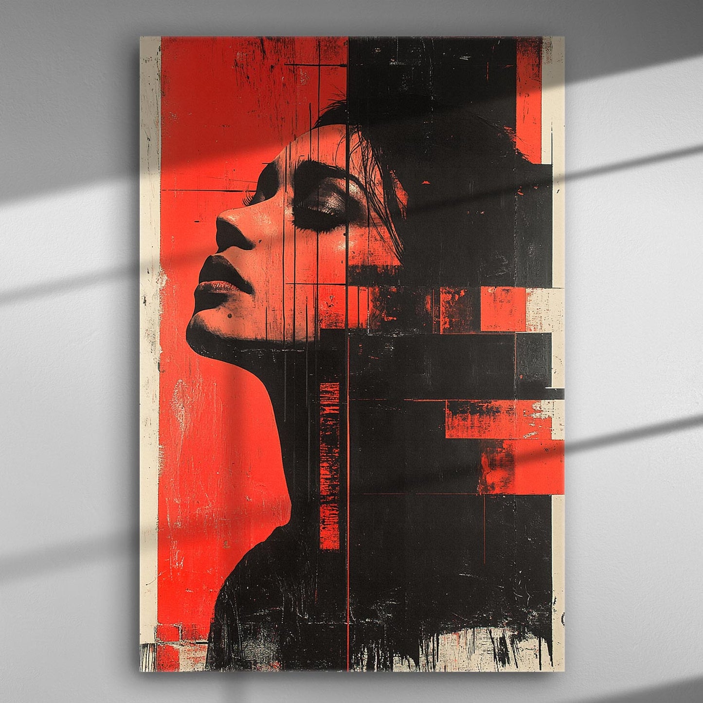 Canvas print of an ethereal woman's face in red and black tones, offering a modern artistic touch.