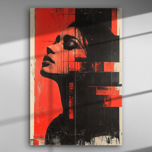 Canvas print of an ethereal woman's face in red and black tones, offering a modern artistic touch.