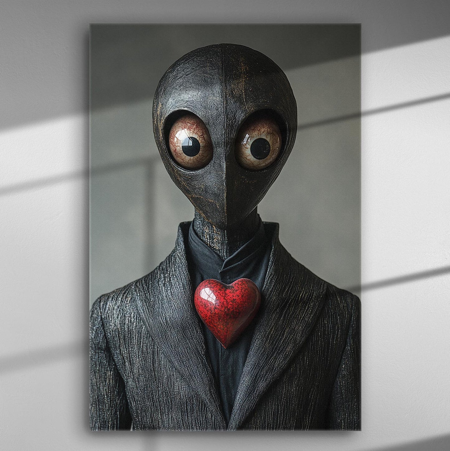 Mysterious figure with large eyes and a heart on its chest in a canvas print.