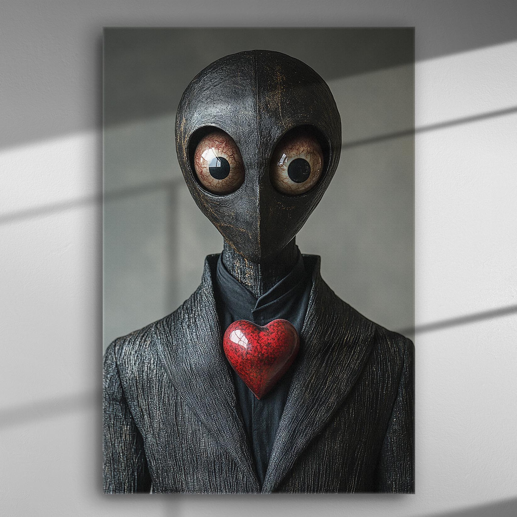 Mysterious figure with large eyes and a heart on its chest in a canvas print.