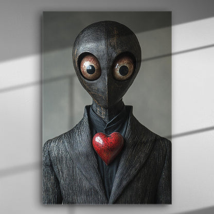 Mysterious figure with large eyes and a heart on its chest in a canvas print.