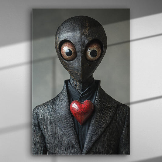 Mysterious figure with large eyes and a heart on its chest in a canvas print.