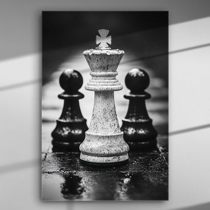 Black and white chess piece canvas with a white king in front of two pawns.