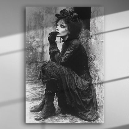 A Victorian-style figure dressed in black, sitting thoughtfully with a dramatic expression on a black and white canvas.